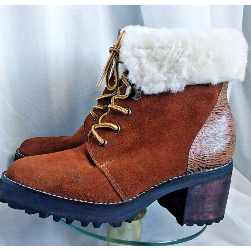 Sabrina Tach Brown Suede Crocodile Womens Animal Print Chunky Boots Size 7